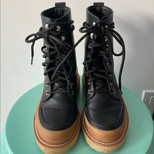 Ulla Johnson Black Combat Boots with Lace-Up Design and Thick Rubber Sole